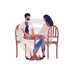 Cartoon couple having romantic date at street cafe vector flat illustration. Colorful man and woman sitting at table in