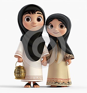 Cartoon couple islamic dresser and a lantern. Arab boy and girl Celebrating Ramadan