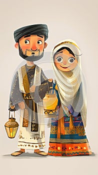 Cartoon couple islamic dresser and a lantern. Arab boy and girl Celebrating Ramadan