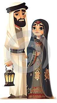 Cartoon couple islamic dresser and a lantern. Arab boy and girl Celebrating Ramadan