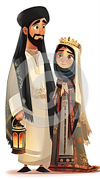Cartoon couple islamic dresser and a lantern. Arab boy and girl Celebrating Ramadan