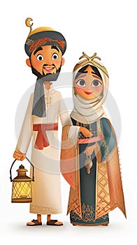 Cartoon couple islamic dresser and a lantern. Arab boy and girl Celebrating Ramadan