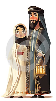 Cartoon couple islamic dresser and a lantern. Arab boy and girl Celebrating Ramadan