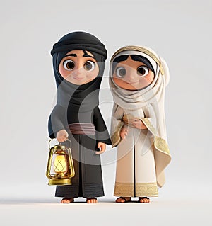 Cartoon couple islamic dresser and a lantern. Arab boy and girl Celebrating Ramadan