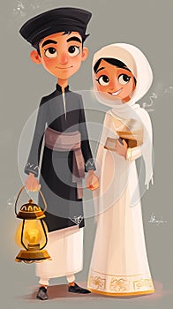 Cartoon couple islamic dresser and a lantern. Arab boy and girl Celebrating Ramadan