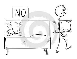 Cartoon of Couple, Man Was Rejected by Woman and is Leaving Bed With Pillow