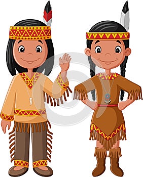 Cartoon couple native Indian American with traditional costume