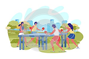 Cartoon Couple Playing Table Tennis in City Park