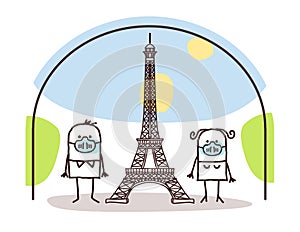 Cartoon Couple with protection Masks, near the Eiffel Tower, Contained in Paris