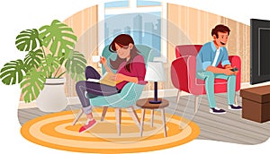 Cartoon couple reading and playing video game