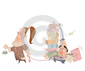 Cartoon couple shopping woman having husband with lash carrying