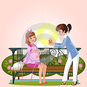 Cartoon couple sitting on bench in park