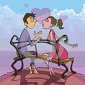 Cartoon couple talking about love sitting on a bench by the sea
