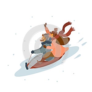 Cartoon couple winter sledding downhill isolated vector illustration scene