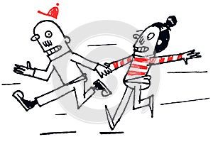 Cartoon couple young boy and girl runing holding hands.