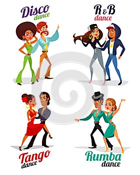 cartoon of a couples dancing tango, rumba, disco and hip hop