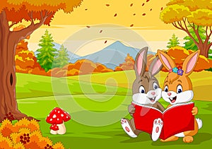 Cartoon couples of rabbits reading a book in the autumn forest