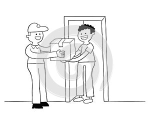 Cartoon courier brings the parcel, the customer receives the parcel, vector illustration