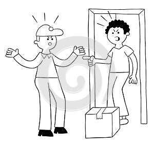 Cartoon courier brings parcel, discusses with customer, vector illustration