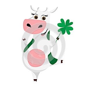 Cartoon Cow with clover. St. Patrick`s Day vector illustration.Postcard, poster, banner, print design