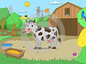 Cartoon cow in farm color book children vector