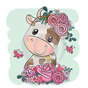 Cartoon Cow with flowers on a green background