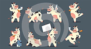 Cartoon cow. Funny smiling domestic animal. Cute friendly mascot with metal bell and glass of milk. Mammal holding blank