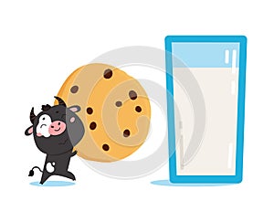Cartoon cow with glass of milk and cookies. photo