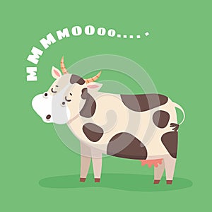 Cartoon cow. Happy farm cattle on grass field. Cute cow goes moo. Milk and dairy product funny animal mascot character or logo