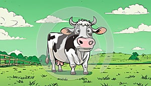 A cartoon cow with horns and a pink nose standing in a field