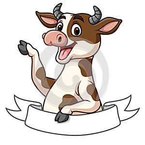 Cartoon cow mascot character with blank space banner