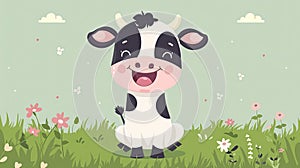 A cartoon cow is smiling and standing in a field of flowers