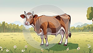 A cartoon cow standing in a field