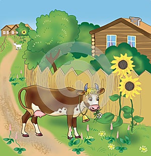 cartoon cow in the village in summer, illustration for children
