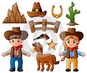 Cartoon cowboy and cowgirl with wild west elements