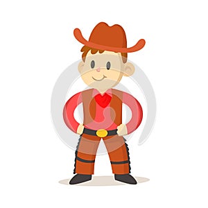 Cartoon cowboy kid wearing vest and hat. Flat vector illustration, isolated on white background.