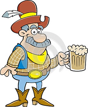 Cartoon cowboy with a large mustache holding a mug of beer.