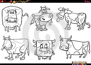 cartoon cows farm animal characters set coloring page