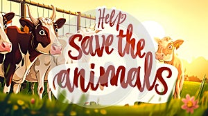 Cartoon Cows and the Inscription Help Save Animals. Concept of Artificially Grown Meat