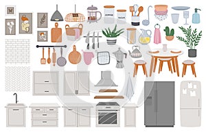 Cartoon cozy scandinavian kitchen furniture, interior elements. Dining table, refrigerator, tableware and sink. Home
