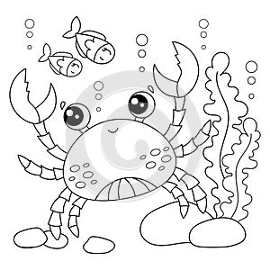 Cartoon crab. Black and white linear drawing. Vector