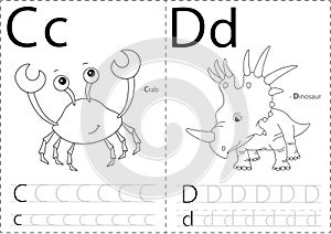 Cartoon crab and dinosaur. Alphabet tracing worksheet: writing A