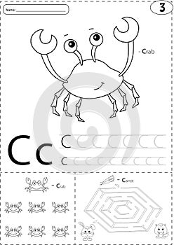 Cartoon crab and hare with carrot. Alphabet tracing worksheet: w