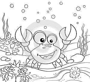 Cartoon crab. Underwater world. Black and white vector illustration for coloring book