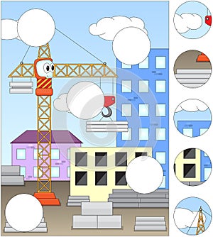 Cartoon crane at a construction site. Complete the puzzle and find the missing parts of the picture. Game for kids