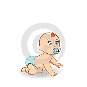 Cartoon crawling baby boy in blue diaper with pacifier isolated