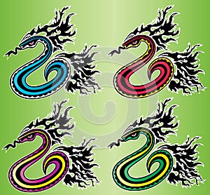 Cartoon crawling snake with wild fire flames background illustration