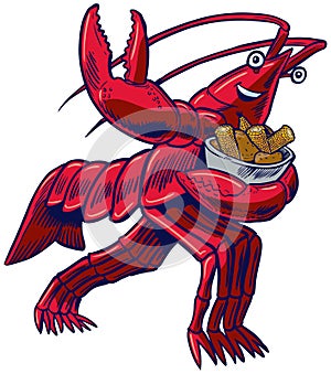 Cartoon Crayfish in Heisman Pose with Corn and Potatoes