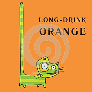 Cartoon crazy cat with long tail in air as symbol of orange long