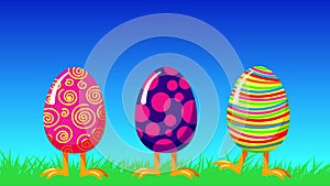 Cartoon crazy jumping eggs in a green grass. Happy Easter greeting loop animation.